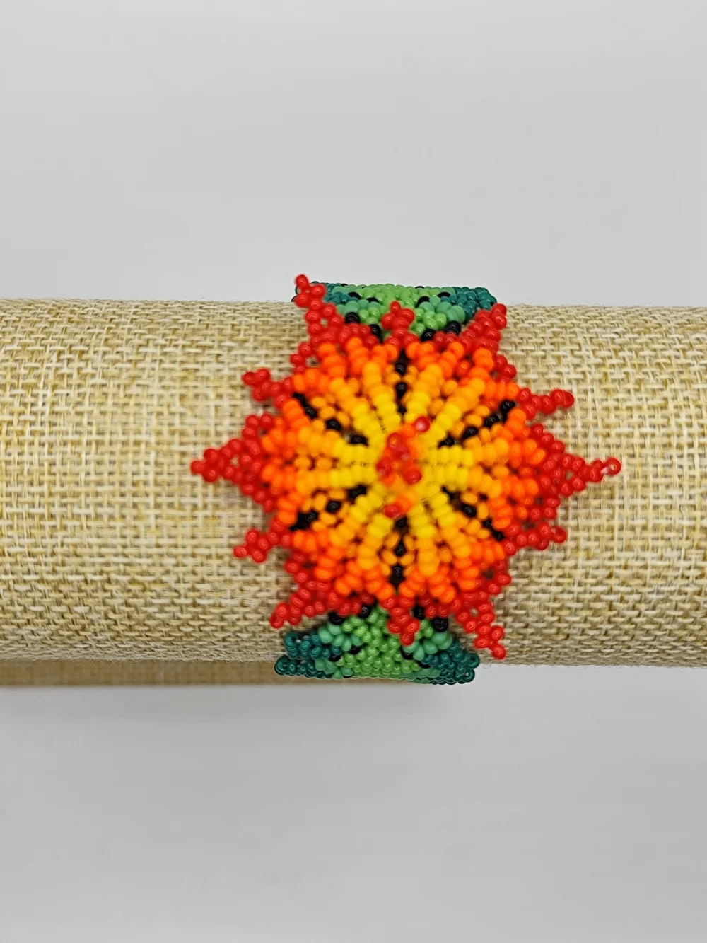Vibrant Floral Seed Bead Bracelet in Red, Orange & Green
